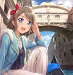  1girl bangs blue_eyes cloud fur_trim grey_hair headband highres jacket looking_at_viewer love_live! love_live!_sunshine!! open_mouth outdoors pants plaid salute shamakho signature smile watanabe_you water watercraft white_pants 