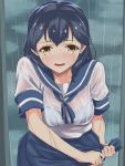  1girl black_hair blush breasts brown_eyes hair_ornament highres kantai_collection large_breasts long_hair looking_at_viewer open_mouth rain school_uniform serafuku shingyo short_sleeves skirt smile solo ushio_(kantai_collection) water_drop wet wet_clothes 