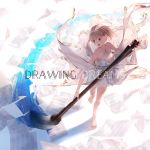  1girl :d bangs bare_legs bare_shoulders barefoot blonde_hair braid brown_eyes collarbone crown_braid dress halter_dress halterneck holding open_mouth original paintbrush sheet_music smile solo sousou_(sousouworks) toes wind wind_lift 