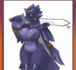  anthro anthrofied armor avian belt big_breasts bird breasts clothed clothing corvid corviknight female melee_weapon nintendo non-mammal_breasts pok&eacute;mon pok&eacute;mon_(species) pok&eacute;morph red_eyes simple_background skimpy solo sword tohtori_crow video_games weapon 