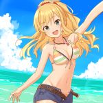  1girl :d arm_up armpits bare_arms bare_shoulders belt bikini bikini_under_clothes blonde_hair blue_eyes blue_sky breasts cleavage cloud cloudy_sky cowboy_shot day denim denim_shorts floating_hair front-tie_bikini front-tie_top groin hair_ornament halterneck horizon idolmaster idolmaster_cinderella_girls jewelry large_breasts long_hair looking_at_viewer mugi_(banban53) navel necklace ocean ootsuki_yui open_fly open_mouth outdoors ponytail short_shorts shorts sidelocks sky smile solo standing stomach striped striped_bikini swimsuit water 