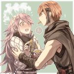  1boy 1girl blush brown_cape brown_hair brown_headband brown_sleeves cape closed_eyes couple detached_sleeves embarrassed fire_emblem fire_emblem:_kakusei gaia_(fire_emblem) green_background grey_shirt hair_between_eyes long_hair mooncanopy pink_hair serge_(fire_emblem) shirt sleeveless sleeveless_shirt sweatdrop upper_body very_long_hair 