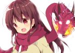  :d achiga_school_uniform bow bowtie brown_hair brown_sweater commentary dragon electricity eyebrows_visible_through_hair fading fire hair_bobbles hair_ornament leaning_forward light_blush long_hair matsumi_kuro open_mouth red_eyes red_neckwear red_scarf saki saki_achiga-hen scarf school_uniform simple_background smile sweater tom_q_(tomtoq) white_background 