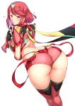  1girl arched_back ass back bangs black_gloves blush breasts closed_mouth condom_wrapper fingerless_gloves gloves harukon_(halcon) headpiece highres homura_(xenoblade_2) large_breasts looking_at_viewer panties pauldrons red_eyes red_hair red_legwear red_panties short_hair sidelocks simple_background smile solo swept_bangs thighhighs thighs tiara underwear white_background xenoblade_(series) xenoblade_2 