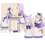  2girls animal_ears aqua_ribbon blue_ribbon chair closed_eyes coldcat. commentary_request ear_ribbon gold_ship_(umamusume) grey_hair hand_on_hip highres horse_ears horse_girl horse_tail kneeling long_hair looking_at_another mejiro_mcqueen_(umamusume) multiple_girls on_chair open_mouth pleated_skirt purple_hair ribbon school_uniform short_sleeves sitting skirt table tail thighhighs tracen_school_uniform umamusume white_legwear white_skirt 