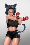  1girl animal_ears black_hair black_tank_top breasts brown_eyes cat_ears cat_tail covered_nipples fingerless_gloves glasses gloves highres large_breasts navel nekuraneko original red_gloves smile solo stretch tail tan 