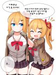  2girls :d ^_^ ahoge bangs black_bra black_legwear blonde_hair blue_eyes blush bow bra breasts brown_jacket brown_skirt cleavage clone closed_eyes closed_mouth collared_shirt commentary_request dress_shirt eyebrows_visible_through_hair girls_frontline gloves grey_gloves hair_between_eyes hair_ornament hair_ribbon hands_on_another&#039;s_shoulders highres jacket kalina_(girls_frontline) korean_commentary korean_text lace lace-trimmed_bra large_breasts long_hair multiple_girls open_clothes open_jacket open_mouth pelican_(s030) plaid plaid_skirt pleated_skirt red_bow red_ribbon ribbon shirt side_ponytail simple_background skindentation skirt smile thighhighs translation_request underwear white_background white_shirt x_hair_ornament 