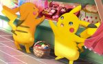  basket berries cake candy chocolate chocolate_heart food gen_1_pokemon heart hitsuji_kumo macaron open_mouth oran_berry pecha_berry pikachu pokemon pokemon_(creature) red_skirt skirt smile 