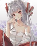  1girl bangs bare_shoulders blush bow breasts cleavage collarbone commentary_request eyebrows_visible_through_hair flower fujiwara_no_mokou grey_background hair_bow head_tilt highres indian_style long_hair looking_at_viewer off_shoulder pants parted_lips purple_flower red_eyes red_pants shiromoru_(yozakura_rety) short_sleeves sidelocks silver_hair sitting small_breasts solo touhou white_bow 