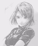  1girl black_shirt breasts eyelashes floating_hair fullmetal_alchemist grey_background greyscale happy kachohuugetsu looking_at_viewer medium_breasts monochrome riza_hawkeye shaded_face shadow shirt short_hair short_sleeves simple_background smile solo text_focus upper_body 