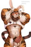  abs anthro bakemonoy balls blush bunny_ears_(disambiguation) erection facial_piercing felid hi_res male mammal mostly_nude muscular muscular_male nipple_piercing nipples nose_piercing nose_ring pantherine pecs penis piercing pinup pose solo tiger uncut 