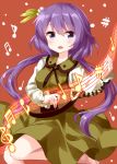  1girl barefoot biwa_lute blush brown_dress dress feet_out_of_frame flower glowing hair_flower hair_ornament highres instrument long_hair long_sleeves looking_at_viewer low_twintails lute_(instrument) music musical_note open_mouth pinafore_dress playing_instrument purple_eyes purple_hair red_background ruu_(tksymkw) shirt simple_background smile solo touhou treble_clef tsukumo_benben twintails white_shirt 
