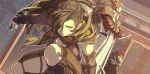  1girl 2boys black_legwear black_sleeves breasts bridal_gauntlets brown_eyes brown_hair cleavage crossed_arms detached_sleeves fire_emblem fire_emblem_if floating_hair hair_over_one_eye hair_ribbon headpiece indoors kagerou_(fire_emblem_if) kneehighs long_hair long_sleeves mask medium_breasts mooncanopy multiple_boys one_knee ponytail ribbon ryouma_(fire_emblem_if) saizou_(fire_emblem_if) sideboob very_long_hair white_ribbon 