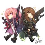  2girls :&lt; :o ar-15 assault_rifle bangs black_footwear black_gloves black_jacket black_legwear black_ribbon black_shorts blonde_hair blush boots braid brown_eyes brown_hair chibi closed_mouth commentary dated dress eyebrows_visible_through_hair girls_frontline gloves green_sweater gun hair_between_eyes hair_ribbon holding holding_gun holding_weapon jacket knee_boots long_hair long_sleeves m4_carbine m4a1_(girls_frontline) multicolored_hair multiple_girls notice_lines object_namesake open_clothes open_jacket open_mouth pantyhose pink_hair pleated_dress ponytail purple_dress purple_eyes red_gloves ribbed_sweater ribbon rifle shoe_soles short_shorts shorts signature simple_background single_leg_pantyhose single_thighhigh skull_print sparkle st_ar-15_(girls_frontline) streaked_hair sweater tama_yu thighhighs very_long_hair weapon white_background 