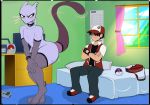  2019 ambiguous_gender clothing collar comic detailed_background duo felid feline forced human interspecies lapdance legendary_pok&eacute;mon legwear male male/ambiguous mammal mewtowo_(shadman) mewtwo mostly_nude nintendo piercing pok&eacute;mon pok&eacute;mon_(species) pok&eacute;philia shadman spiked_collar spikes thigh_highs video_games 
