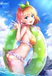  1girl :d absurdres ass bangs bikini blue_eyes blue_sky blush breasts cloud commentary day eyebrows_visible_through_hair frilled_bikini frills from_side go-toubun_no_hanayome green_ribbon hair_between_eyes hair_ribbon highres holding holding_innertube innertube large_breasts looking_at_viewer nakano_yotsuba open_mouth orange_hair outdoors revision ribbon short_hair sidelocks sky smile solo striped striped_bikini sunhyun swimsuit thighs twisted_torso w wading water wet 