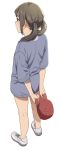  1girl arms_behind_back baseball_cap blue_shirt brown_eyes brown_hair full_body hair_over_shoulder hair_tie hat hat_removed headwear_removed holding holding_hat long_hair looking_away mattaku_mousuke no_socks original profile red_headwear shirt shoes short_sleeves simple_background sneakers solo standing twintails white_background white_footwear 
