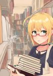  1girl ahoge alakoala_shoushou alternate_costume artist_name bangs blonde_hair blue_eyes blush book book_stack bookshelf breasts casual closed_mouth collarbone commentary_request dated eyebrows_visible_through_hair glasses hair_between_eyes highres holding holding_book i-8_(kantai_collection) indoors kantai_collection library long_hair looking_at_viewer low_twintails medium_breasts red-framed_eyewear semi-rimless_eyewear solo standing twintails under-rim_eyewear 