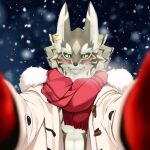 815147h abs anthro canid canine canis clothed clothing coat green_eyes handwear hood jackal lifewonders male mammal mittens open_clothing open_coat open_topwear scarf seth_(tas) shirtless smile snow solo tokyo_afterschool_summoners topwear