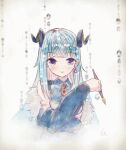  1girl bare_shoulders black_horns blue_bow blue_bowtie blue_dress blue_hair blue_sleeves blunt_bangs bow bowtie character_request closed_mouth copyright_request crossed_arms detached_sleeves dress eyelashes fur_scarf holding holding_pen horns light_blush long_hair long_sleeves looking_at_viewer pen purple_eyes scarf signature sleeveless sleeveless_dress smile solo straight-on straight_hair takanashi_hiyori upper_body white_background white_scarf 