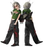  2girls bag black_eyes black_footwear black_pants bug butterfly earrings glasses green_shirt grey_hair grey_pants highres jewelry midriff multiple_girls original pants red-framed_eyewear rinotuna shirt shoes 