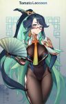  1girl aqua_eyes blue_hair bodystocking cape colored_inner_hair covered_navel folding_fan genshin_impact glasses gradient_background hand_fan hand_on_own_hip highres holding holding_fan long_hair multicolored_hair pantyhose ponytail solo tomatolacoon very_long_hair xianyun_(genshin_impact) 