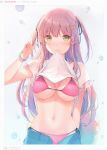  1girl 6u_(eternal_land) absurdres bangs bikini bikini_under_clothes breasts eyebrows_visible_through_hair hand_up hat highres holding long_hair looking_at_viewer mouth_hold navel original scan shiny shiny_hair shiny_skin short_sleeves side-tie_bikini simple_background solo stomach swimsuit v 