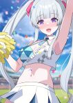  :d alternate_costume alternate_hairstyle amenocchi arm_up armpits blue_archive blunt_bangs blurry blurry_background blush breasts cheerleader cleavage commentary_request confetti cowboy_shot day detached_collar grey_hair hair_ribbon hand_up happy highres long_hair looking_at_viewer medium_breasts miniskirt navel noa_(blue_archive) nose_blush open_mouth outdoors pink_ribbon pom_pom_(cheerleading) purple_eyes ribbon sidelocks skirt smile sports_bra stadium standing teeth twintails upper_teeth_only very_long_hair white_skirt 