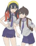  1boy 1girl backpack bag black_hair breast_pocket brown_bag brown_eyes brown_hair carmine_(pokemon) closed_mouth collared_shirt commentary_request crossed_bangs dohyo123123 eyelashes florian_(pokemon) grey_shirt hair_between_eyes hairband highres logo long_hair multicolored_hair necktie open_mouth pocket pokemon pokemon_sv purple_necktie purple_shorts purple_skirt red_hair school_uniform shirt short_hair short_sleeves shorts skirt smile two-tone_hair yellow_eyes yellow_hairband 