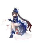  1girl absurdres ascot black_ascot blue_ascot blue_brooch blue_gemstone blue_headwear blue_jacket boo_tao_(genshin_impact) brown_hair cake cake_slice cosplay flower-shaped_pupils food furina_(genshin_impact) furina_(genshin_impact)_(cosplay) gem genshin_impact hat highres hu_tao_(genshin_impact) jacket kodona lolita_fashion long_hair plate qixia red_eyes shorts simple_background solo symbol-shaped_pupils top_hat twintails very_long_hair white_background white_shorts white_trim_bow 