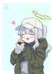  1girl absurdres artist_logo baked_potato baseball_cap black_scarf blue_archive blush closed_eyes eating food green_halo green_jacket grey_hair halo hare_(blue_archive) hare_(camp)_(blue_archive) hat heart highres holding holding_food hood hood_down hooded_jacket jacket long_hair long_sleeves oekaki_onigiri open_clothes open_jacket open_mouth ponytail roasted_sweet_potato scarf smile solo sweet_potato upper_body white_headwear 