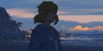  1boy blonde_hair blue_eyes blue_shirt double-parted_bangs dusk earrings jewelry link looking_at_another midoriimo_(9ne8n) ocean pointy_ears shirt short_ponytail sky solo the_legend_of_zelda the_legend_of_zelda:_breath_of_the_wild v-neck 