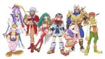  4boys 4girls armor blue_eyes breasts brown_hair closed_mouth dress earrings feena_(grandia) gadwin_(grandia) gloves grandia grandia_i green_eyes green_hair guido_(grandia) hair_ornament hair_tubes hat jewelry justin_(grandia) layered_sleeves liete_(grandia) lineup long_hair looking_at_viewer midriff milda_(grandia) multiple_boys multiple_girls open_mouth pointy_ears poppoqo purple_hair puui_(grandia) rapp_(grandia) red_hair simple_background smile sue_(grandia) sword sword_on_back weapon weapon_on_back white_background 