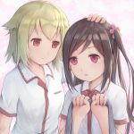  2girls bangs blonde_hair breasts brown_hair closed_mouth collared_shirt commentary dress_shirt english_commentary eyebrows_visible_through_hair fingernails hair_between_eyes hair_flaps hands_up heart highres hikari_niji hitori_bocchi hitoribocchi_no_marumaru_seikatsu holding long_hair multiple_girls one_side_up parted_lips petting purple_eyes red_eyes school_uniform shirt short_sleeves small_breasts smile sunao_nako upper_body very_long_hair white_shirt 