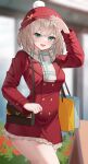 1girl :d absurdres bag blonde_hair blue_eyes blush breasts c-93_(girls&#039;_frontline) c-93_(glistening_encounter)_(girls&#039;_frontline) coat english_commentary girls&#039;_frontline hand_up handbag highres large_breasts lens_flare light_particles long_sleeves looking_at_viewer medium_hair open_mouth outdoors red_beanie red_coat rynzfrancis scarf shopping_bag smile solo twitter_username 