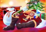  1boy abs alternate_costume bara beard boots bottle bulge christmas christmas_tree dark-skinned_male dark_skin facial_hair fate/zero fate_(series) full_beard full_body genta_iwayama hat iskandar_(fate) leather leather_boots male_focus mature_male muscular muscular_male red_eyes red_hair red_headwear sack santa_costume santa_hat short_hair smile solo spread_legs thick_beard thick_eyebrows thick_thighs thighs wine_bottle 