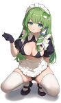  1girl absurdres alternate_costume apron bikini black_bikini black_footwear black_gloves breasts enmaided fanteam frilled_apron frills frog_hair_ornament full_body gloves green_eyes green_hair hair_ornament hair_tubes highres kochiya_sanae large_breasts long_hair looking_at_viewer maid maid_apron maid_bikini maid_headdress open_mouth puffy_short_sleeves puffy_sleeves shoes short_sleeves simple_background snake_hair_ornament solo squatting swimsuit thighhighs touhou unconventional_maid waist_apron white_apron white_background white_thighhighs 