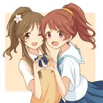  2girls blue_bow blue_skirt bow brown_hair character_request commentary_request eyebrows_visible_through_hair flower hair_flower hair_ornament hair_scrunchie happy idolmaster idolmaster_cinderella_girls mugi_(banban53) multiple_girls one_eye_closed open_mouth ponytail scrunchie shirt short_sleeves skirt white_flower white_shirt yellow_scrunchie 