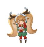  1girl :&lt; absurdres antlers bell blush bow bowtie brown_footwear brown_hair fur-trimmed_headwear fur_trim green_eyes green_jacket highres hug jacket league_of_legends mittens neck_bell odanju pants pointy_ears poppy_(league_of_legends) poro_(league_of_legends) red_bow red_bowtie red_pants simple_background snow_fawn_poppy standing twintails white_background 