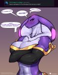 anthro blush breasts cleavage clothed clothing cobra crossed_arms dialogue doomthewolf english_text faarah female hi_res pupils purple_body purple_scales reptile scales scalie snake solo text