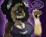 afro anthro arm_tuft aura big_breasts black_hair blonde_hair blue_eyes breasts canid canine canis chest_tuft claws cleavage clothed clothing commanding darkwolfhybrid dialogue dipstick_ears domestic_dog ear_piercing ear_ring ear_tuft elbow_tuft evil_eyes evil_face evil_grin evil_look eyebrows facial_piercing female fur generation_1_pokemon gengar german_shepherd gesture glistening glistening_jewelry glistening_teeth glowing glowing_eyes gold_(metal) gold_tooth grin hair herding_dog hi_res highlights_(coloring) husky hybrid inner_ear_fluff jewelry mammal metal_teeth multicolored_body multicolored_ears multicolored_fur nikole_(darkwolf) nintendo nordic_sled_dog nose_piercing nose_ring pastoral_dog piercing pointing pokemon pokemon_(species) pokemon_clothing poofy_hair ring_piercing sharp_teeth shirt showing_teeth smile solo speech_bubble spitz tank_top teeth thick_eyebrows topwear tuft