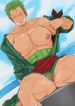  1boy absurdres bandana bandana_around_arm bara bare_pectorals beckoning black_bandana blue_sky clothing_aside coat colored_pubic_hair cuntboy earrings feet_out_of_frame green_coat green_hair green_pubic_hair haramaki highres jewelry large_pectorals looking_at_viewer male_focus male_pubic_hair muscular muscular_male naughty_face niusesabe one_eye_closed one_piece open_clothes outdoors pectorals presenting_pectorals presenting_pussy pubic_hair pussy red_sash roronoa_zoro sash scar scar_across_eye scar_on_chest scar_on_face short_hair sideburns single_earring sitting sky smile solo spread_legs sword thick_thighs thighs tongue tongue_out weapon 