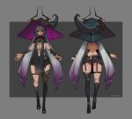  1girl absurdres ass back backboob black_sclera breasts character_name colored_sclera english_commentary full_body grey_hair hair_between_eyes hat high_heels highres large_breasts less looking_at_viewer multiple_views original purple_eyes purple_lips thigh_strap twintails witch_hat 