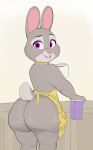 absurd_res anthro apron apron_only big_butt bonnie_hopps butt clothed clothing disney eyebrows female fur grey_body grey_fur grey_tail hi_res lagomorph leporid long_ears looking_back mammal mature_anthro mature_female mug open_mouth purple_eyes rabbit scut_tail short_tail solo standing tail teeth thick_thighs tongue usnarbit zootopia