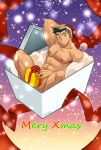  1boy abs bara box christmas covering_crotch covering_privates full_body gift gift_box green_hair hat in_box in_container large_pectorals looking_at_viewer male_focus merry_christmas muscular muscular_male nakata_shunpei navel nipples original pectorals red_headwear santa_costume santa_hat short_hair solo thick_eyebrows 