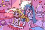  1nupool 2girls android aqua_hair bedroom between_legs blonde_hair blush_stickers brushing_another&#039;s_hair brushing_hair chibi chii chobits crossover hair_tubes hand_between_legs hatsune_miku highres indoors lolita_fashion long_hair makeup mirror multiple_girls open_mouth otaku_room pajamas photo_(object) robot_ears sitting sweet_lolita thighhighs v_arms very_long_hair vocaloid wariza white_thighhighs window 