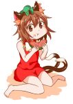  1girl :3 :t adapted_costume animal_ear_fluff animal_ear_piercing animal_ears bare_arms bare_legs bare_shoulders barefoot bow bowtie brown_eyes brown_hair cat_ears cat_tail chen closed_mouth commentary_request earrings eating flat_chest food food_on_face frills full_body gold_trim green_headwear hair_between_eyes hands_up hat holding_watermelon jewelry knees_together_feet_apart looking_at_viewer mob_cap multiple_tails nekomata petite red_skirt red_vest shadow shiromamekei short_hair simple_background single_earring sitting skirt skirt_set solo tail touhou two_tails vest wariza white_background white_bow white_bowtie 