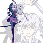  1girl arm_up braid breasts danganronpa_(series) danganronpa_2:_goodbye_despair full_body glasses grey_hair grey_sailor_collar highres holding holding_sheath holding_sword holding_weapon katana large_breasts long_hair miniskirt neckerchief open_mouth outline pekoyama_peko pleated_skirt red_eyes red_neckerchief sailor_collar satori_(aosky9077) sheath shoes skirt standing sword twin_braids weapon white_outline zoom_layer 
