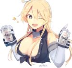  1girl ahoge asahi_breweries beer_can blonde_hair blue_eyes breasts can cleavage cropped_torso fingerless_gloves folte front-tie_top gloves iowa_(kantai_collection) kantai_collection large_breasts looking_at_viewer open_mouth simple_background solo star star-shaped_pupils symbol-shaped_pupils twitter_username upper_body white_background 