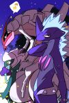  black_eyes bright_pupils claws commentary_request golisopod hand_up highres looking_at_viewer looking_to_the_side musical_note naruse_makoto no_humans open_mouth outdoors pokemon pokemon_(creature) roserade sky smile spoken_musical_note standing tongue tongue_out toxtricity toxtricity_(low_key) white_pupils 